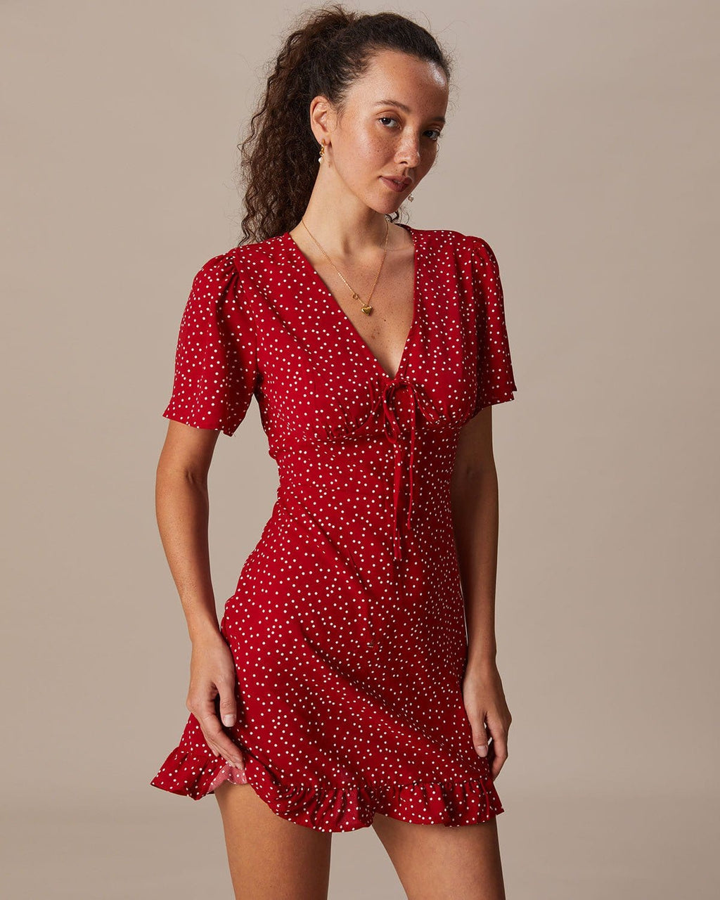 Ruby Red Polka Dot Flounce V-Neck Mini Dress