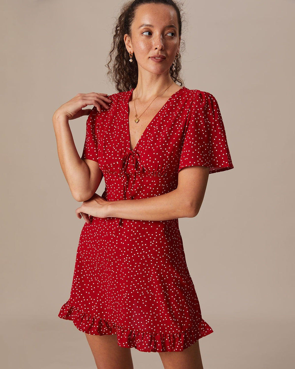 Ruby Red Polka Dot Flounce V-Neck Mini Dress
