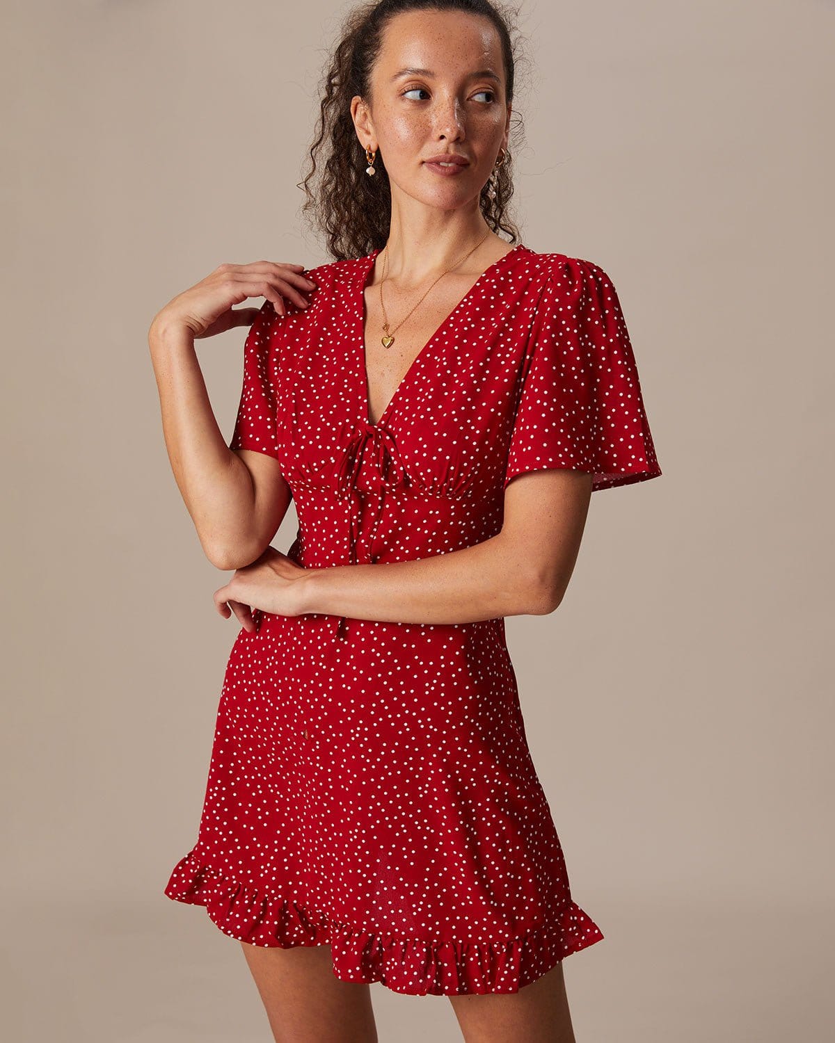 Ruby Red Polka Dot Flounce V-Neck Mini Dress