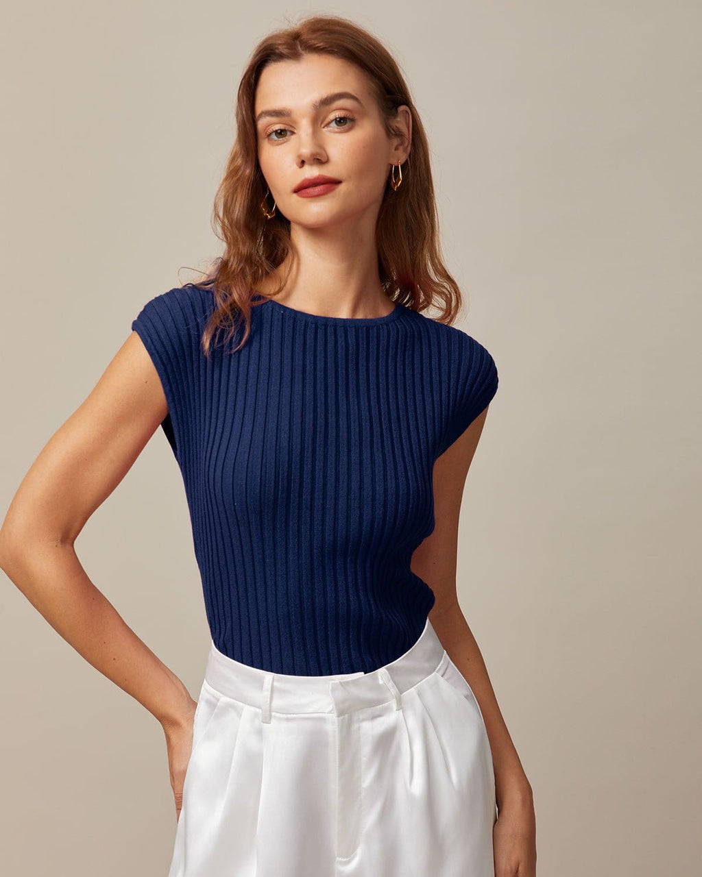 Azure Ribbed Boat Neck Cap Sleeve Tee