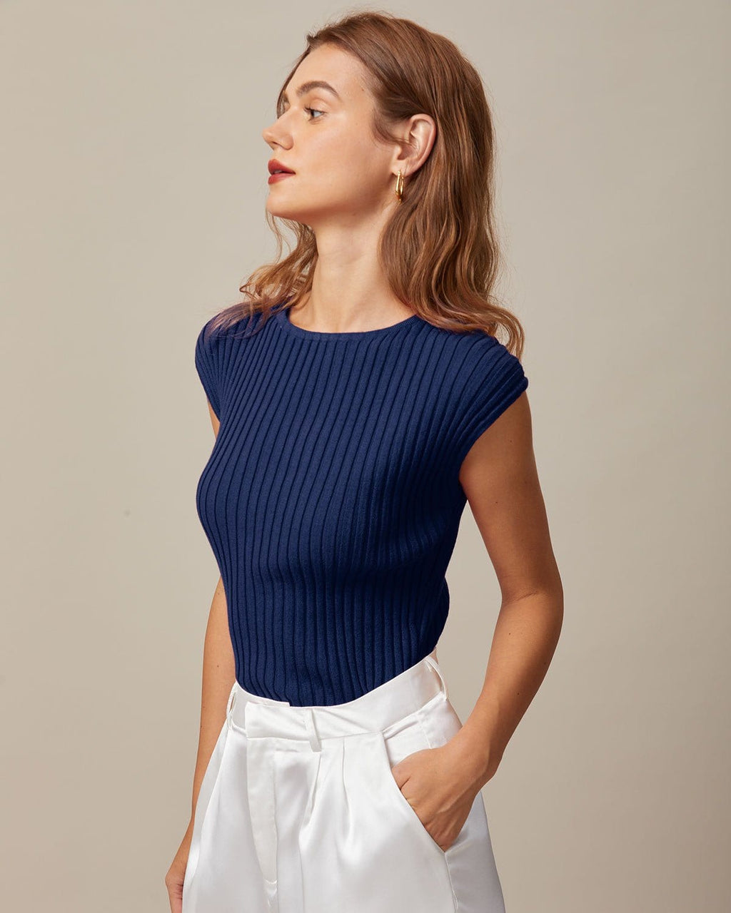 Azure Ribbed Boat Neck Cap Sleeve Tee