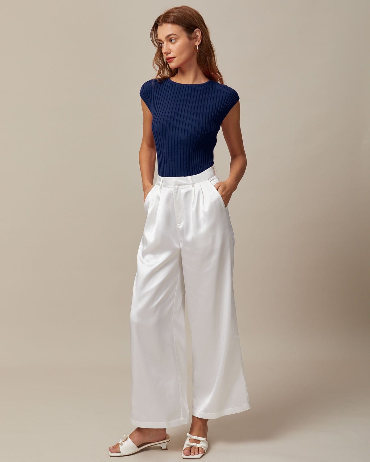 Azure Ribbed Boat Neck Cap Sleeve Tee