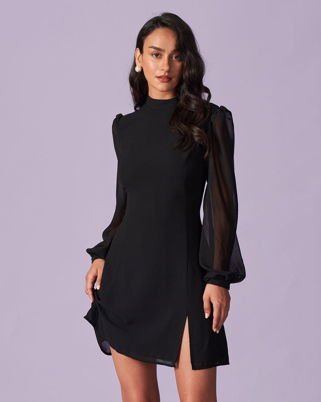 Noir Stand Collar Sheer Slit Mini Dress