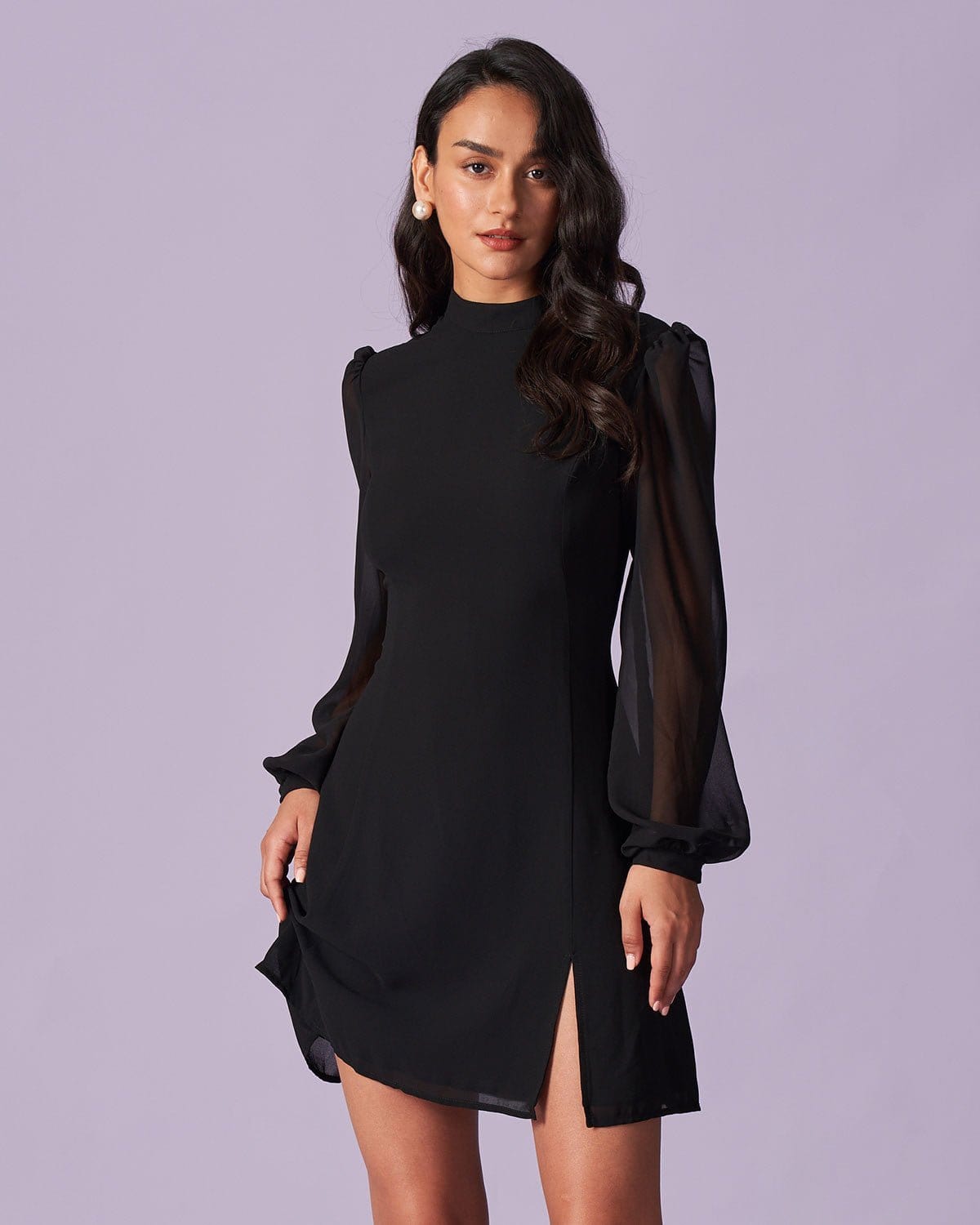 Noir Stand Collar Sheer Slit Mini Dress