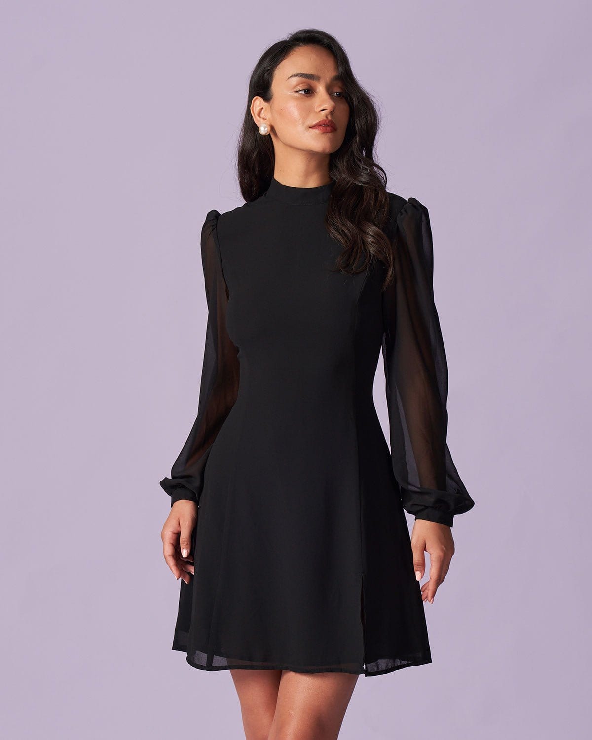 Noir Stand Collar Sheer Slit Mini Dress