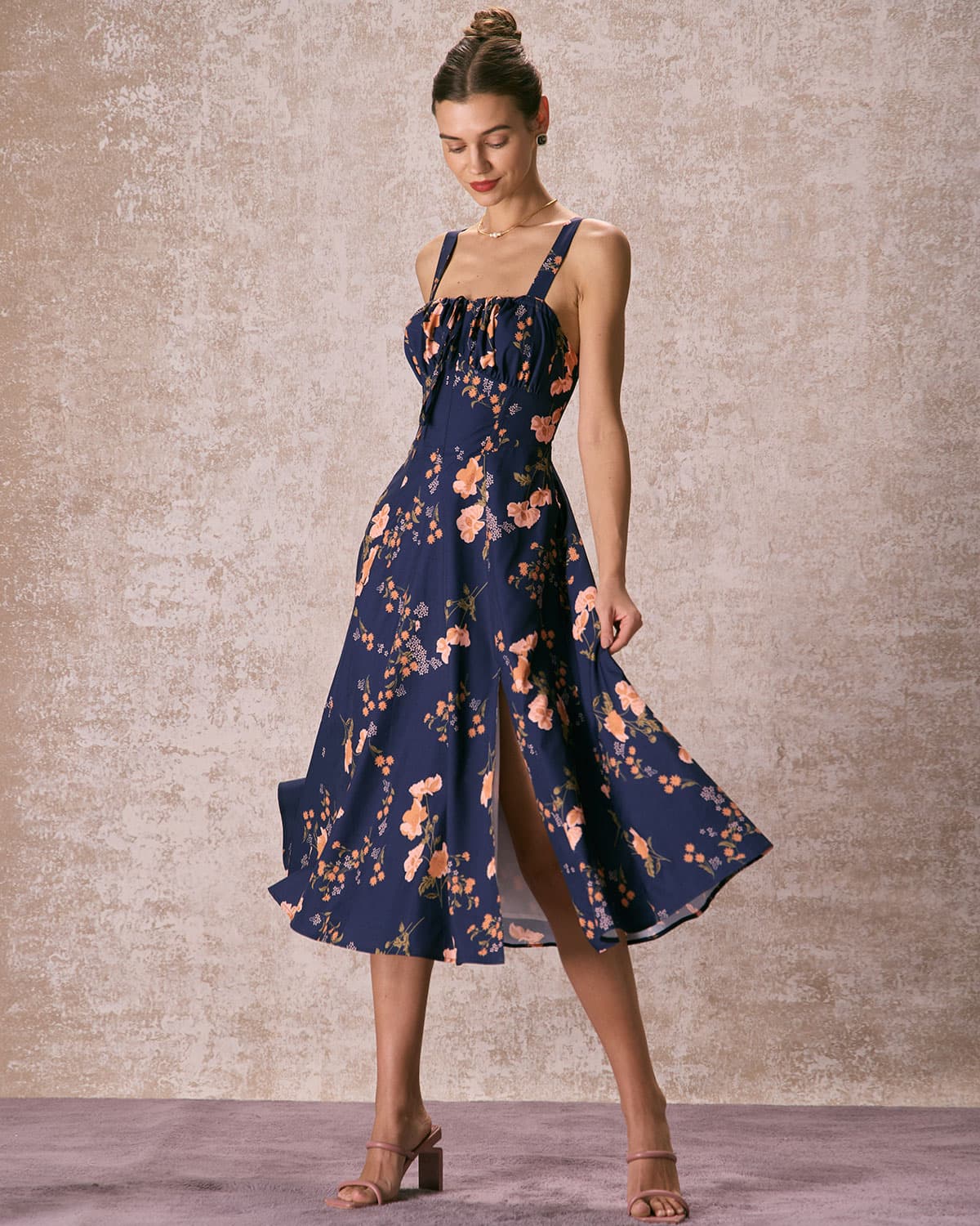 Athens Lace-Up Floral Ruched Midi Dress