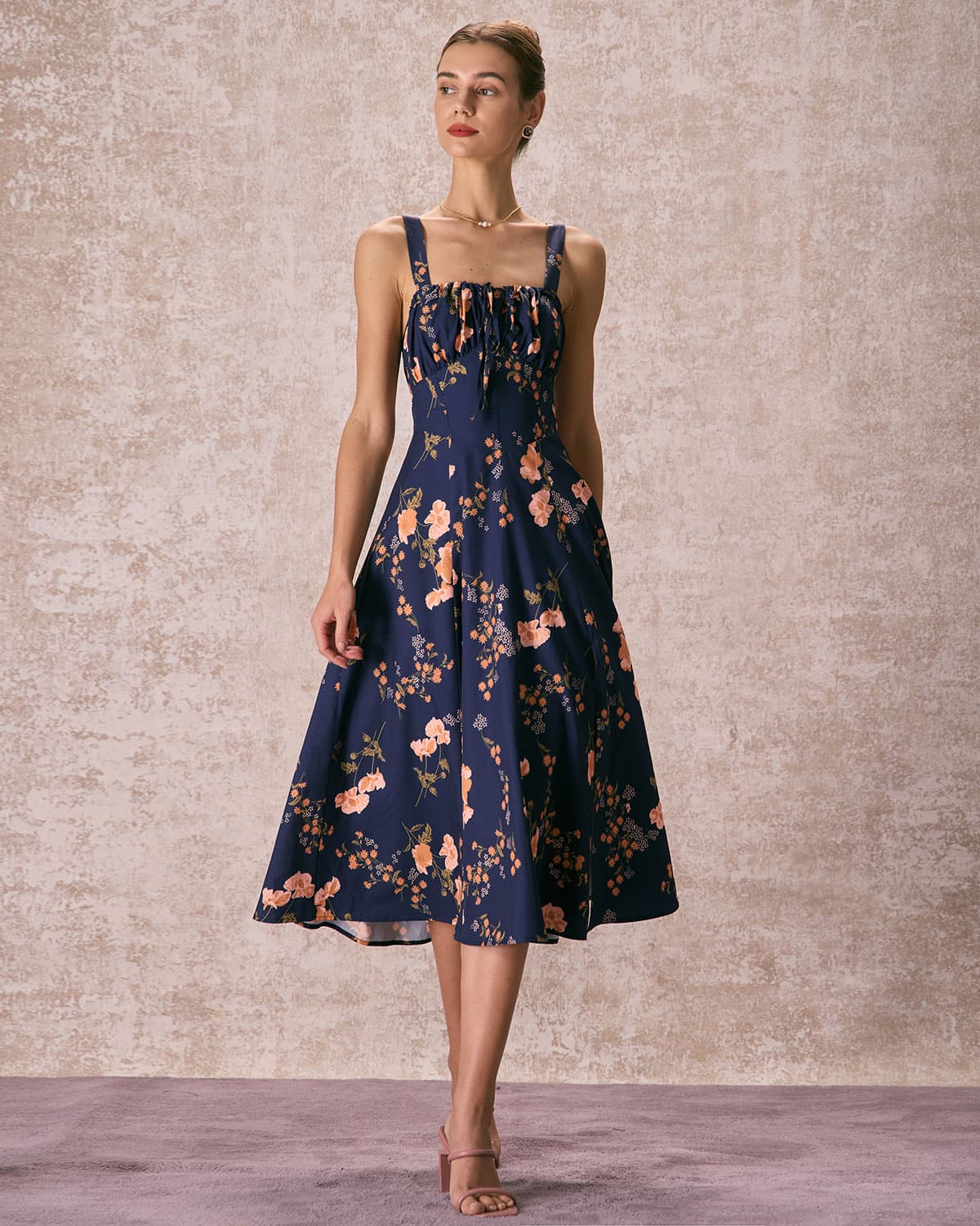 Athens Lace-Up Floral Ruched Midi Dress