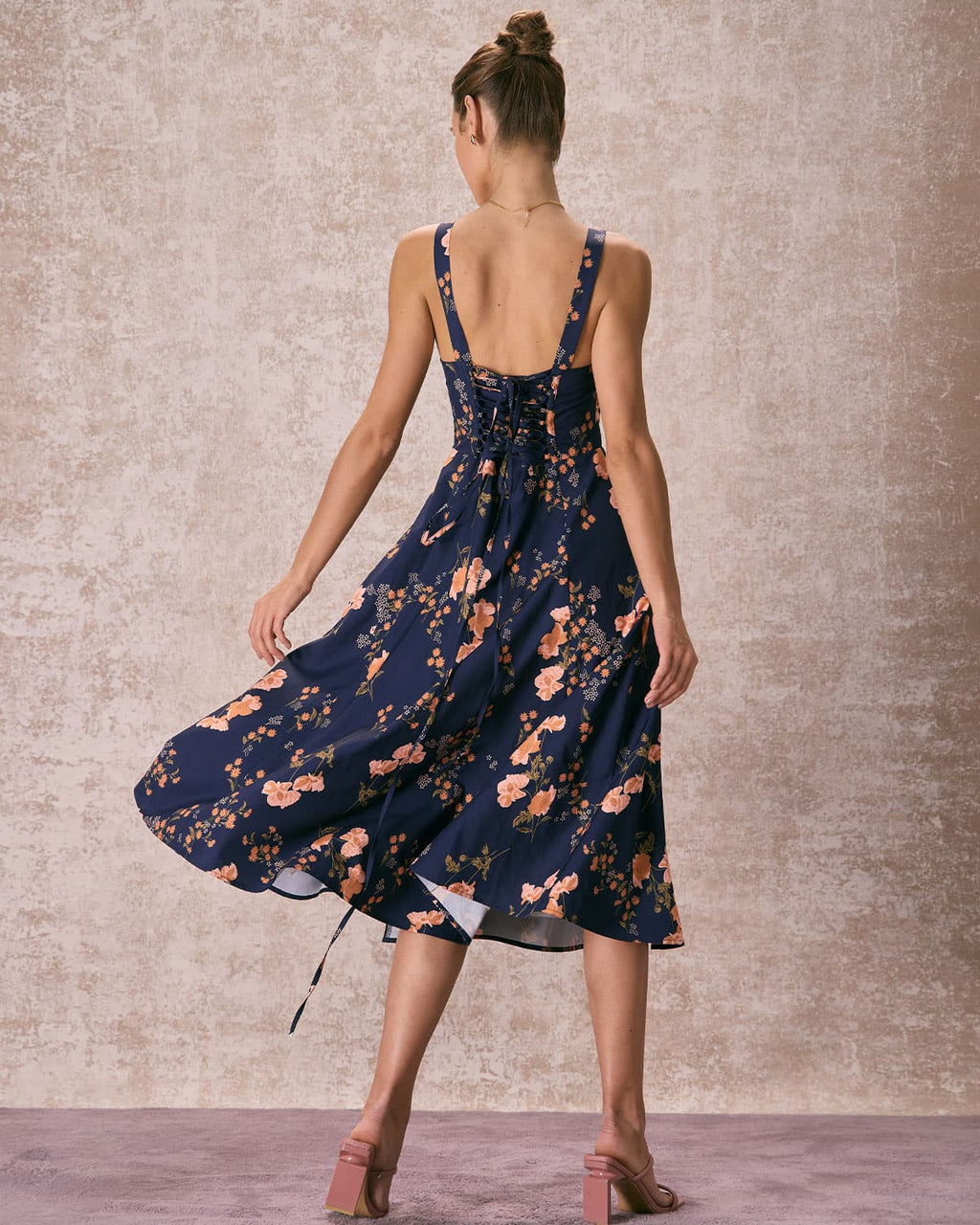 Athens Lace-Up Floral Ruched Midi Dress
