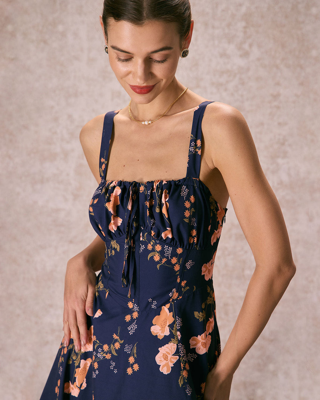 Athens Lace-Up Floral Ruched Midi Dress