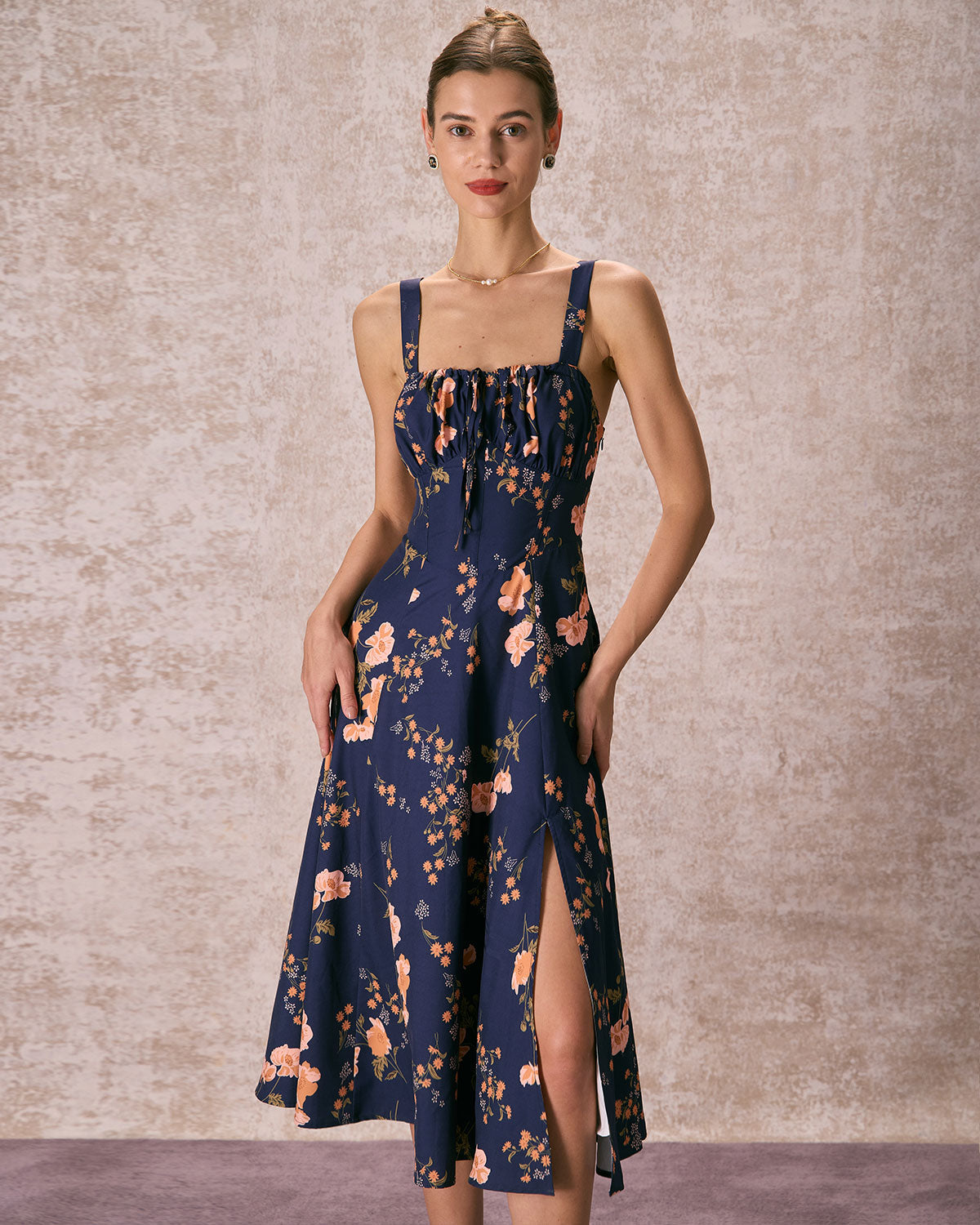 Athens Lace-Up Floral Ruched Midi Dress
