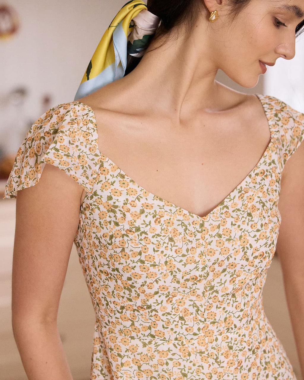 Sunburst Floral Slit V-Neck Sundress