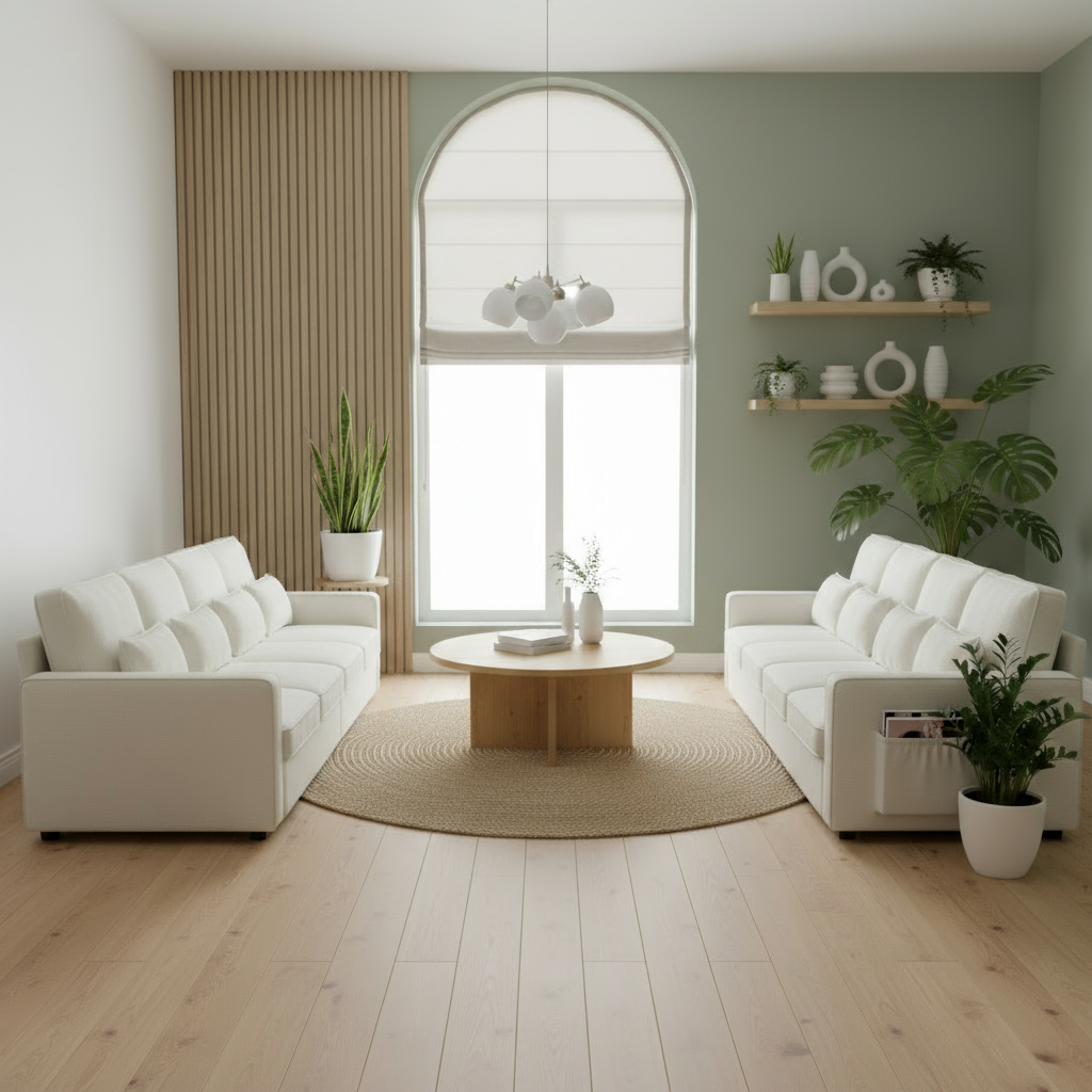 Two sofas with magazine pocket on right