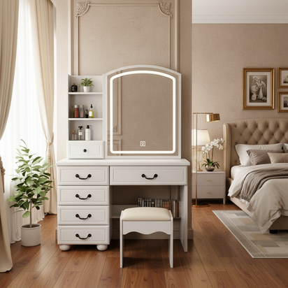 Vanity table next to bed with solid walls