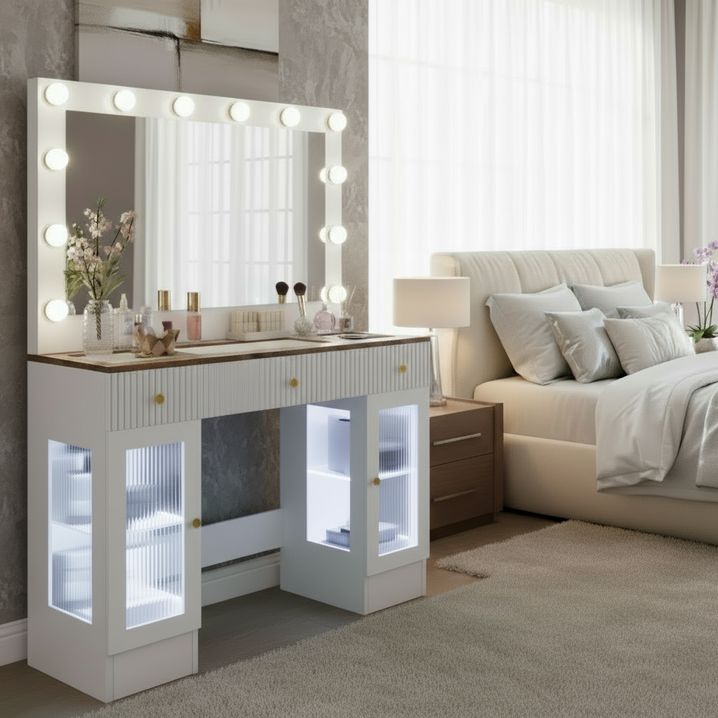 Vanity table with clear white LED lights