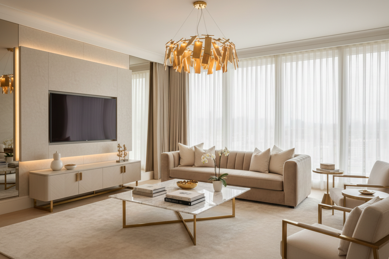 Velvet sofa with TV and gold accents