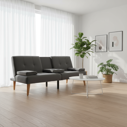 Velvety gray sofa by window