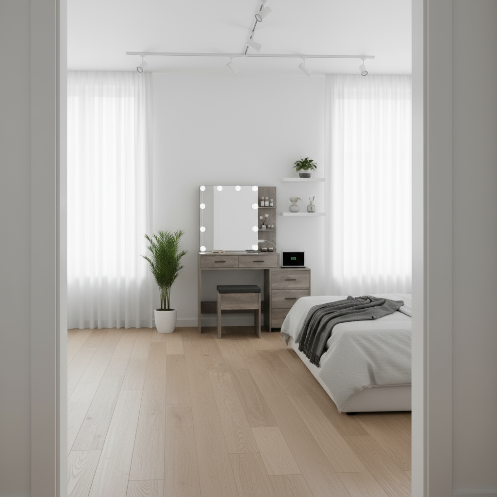 View from doorway with bed in foreground