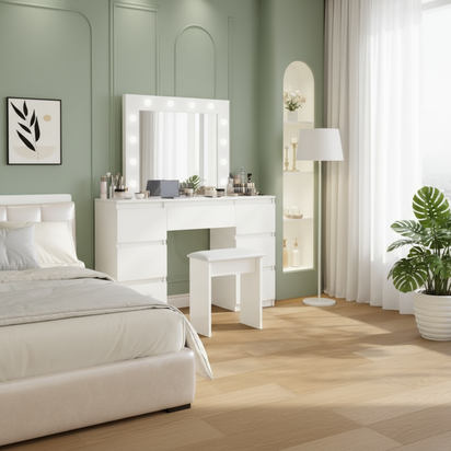 White dressing table in sage green bedroom - three-quarter angle