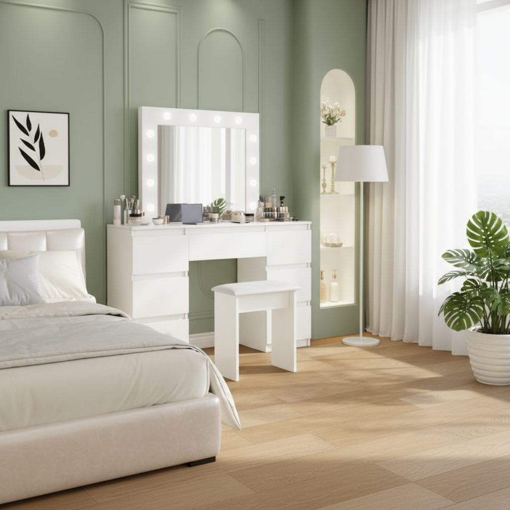 White dressing table in sage green bedroom - three-quarter angle
