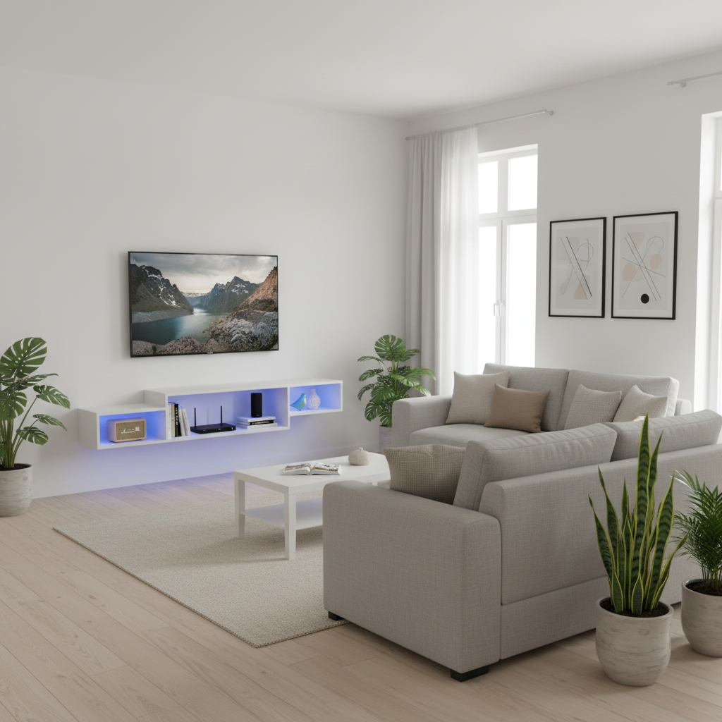 White TV Stand - Two Sofas Left Angle