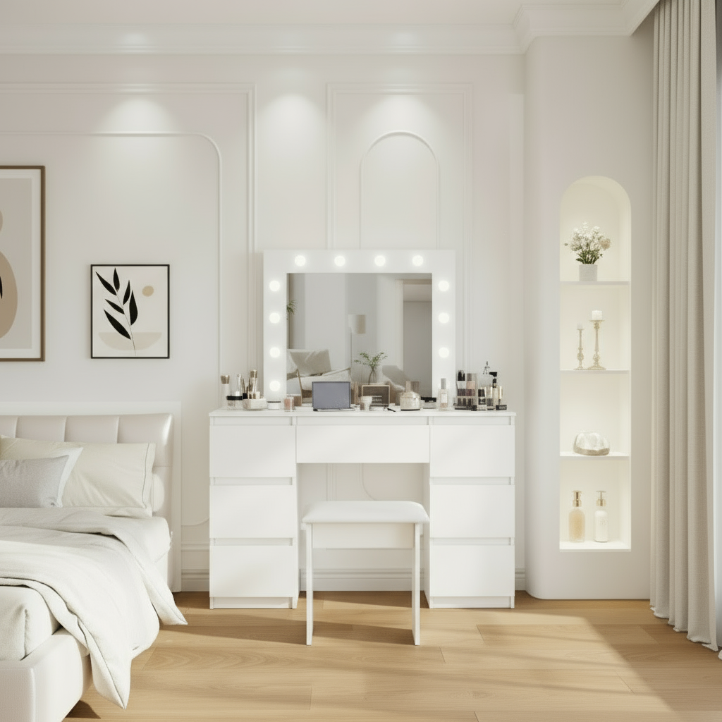 White vanity in bedroom with complete hardwood flooring