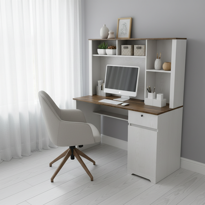 White & Wood Desk - No Wire - With Chair