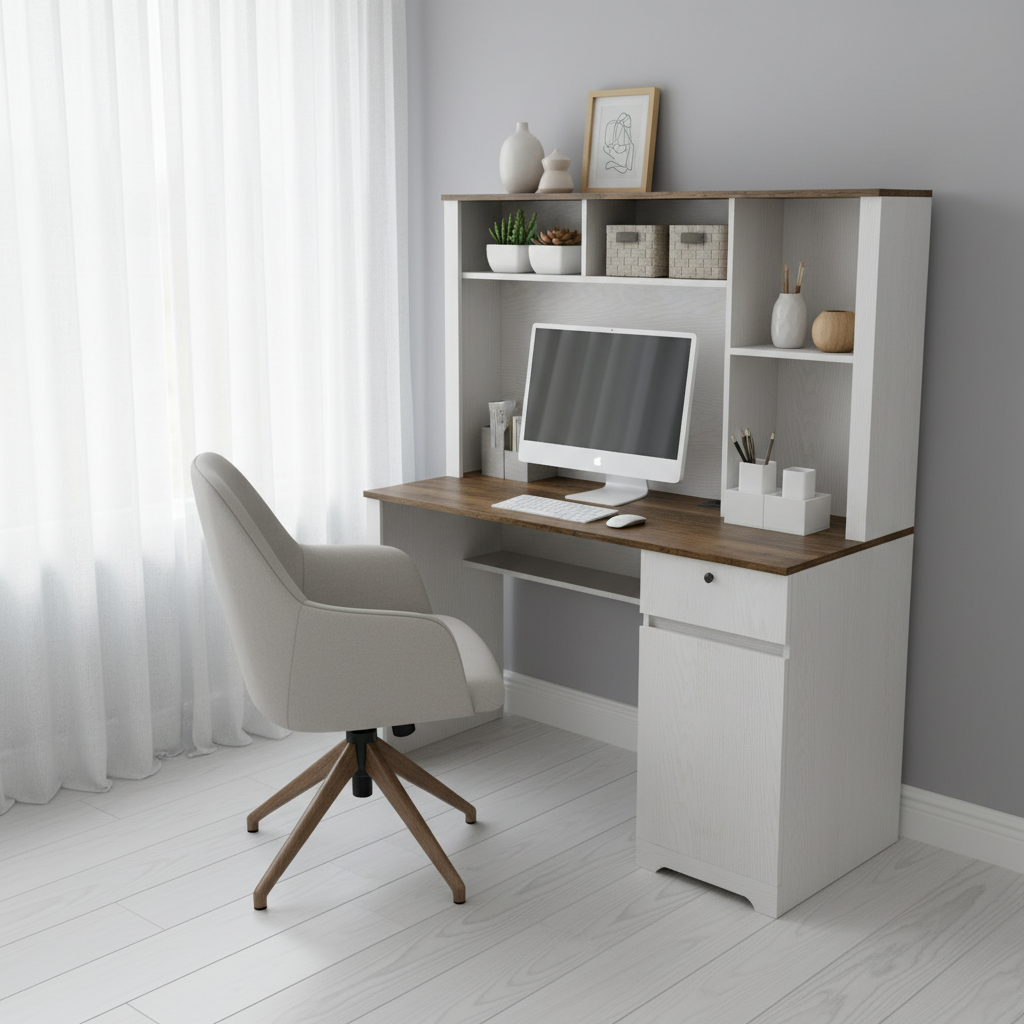 White & Wood Desk - No Wire - With Chair