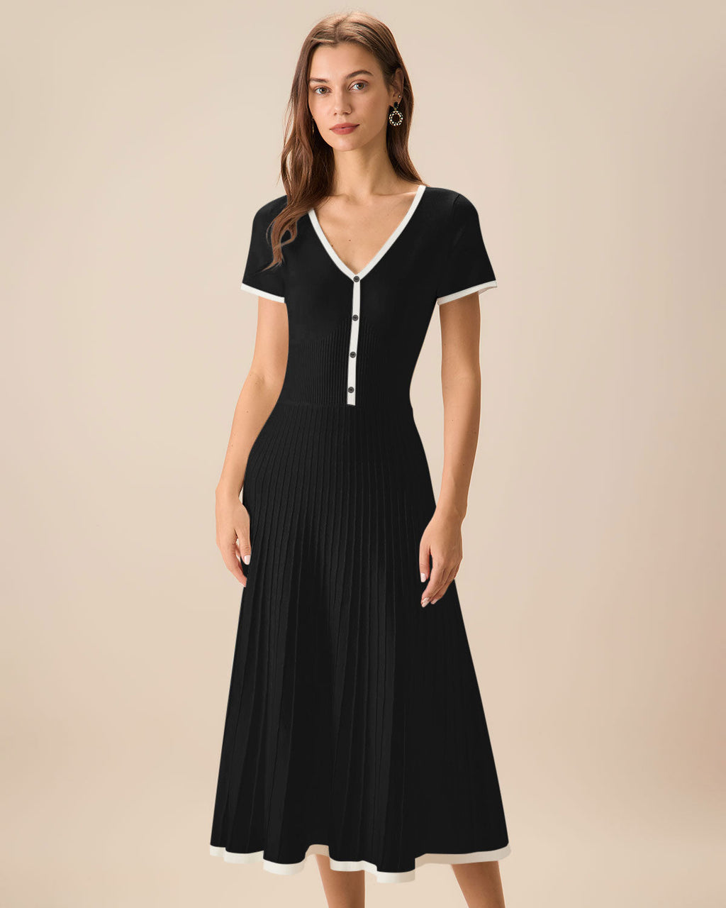 Onyx Contrast Knit Sweater Midi Dress