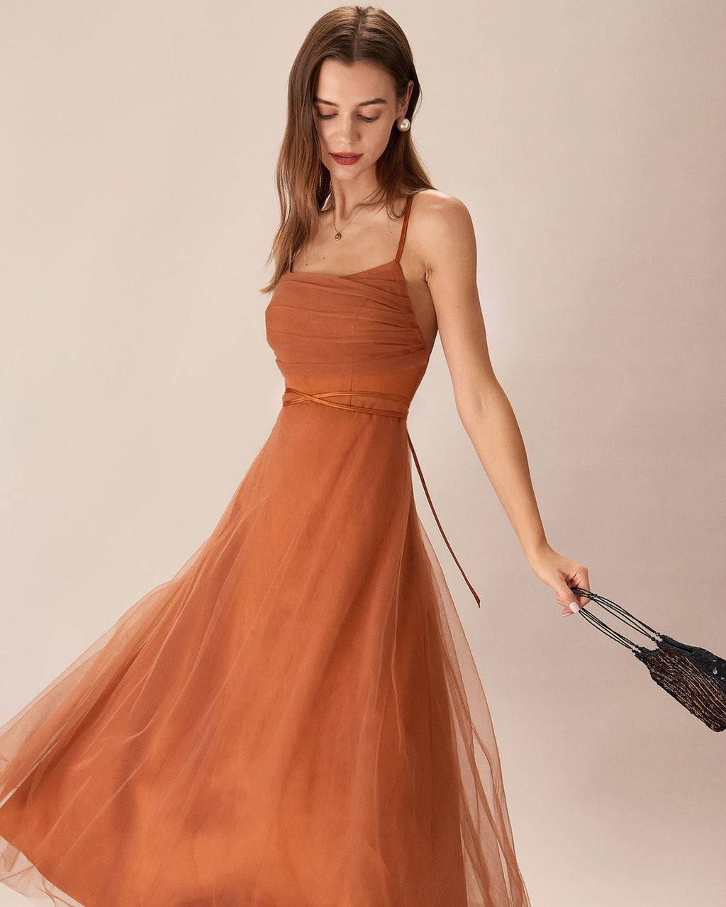 Caramel Dream Mesh Flowy Slip Midi Dress
