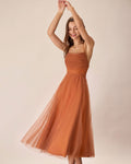 Caramel Dream Mesh Flowy Slip Midi Dress