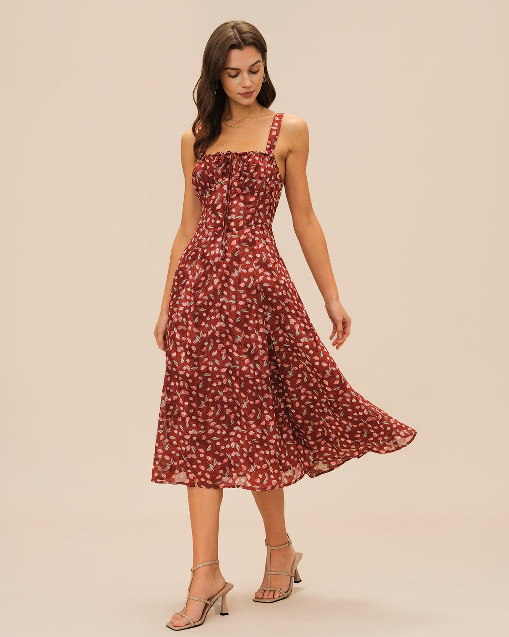 Crimson Garden Floral Slip Midi Dress