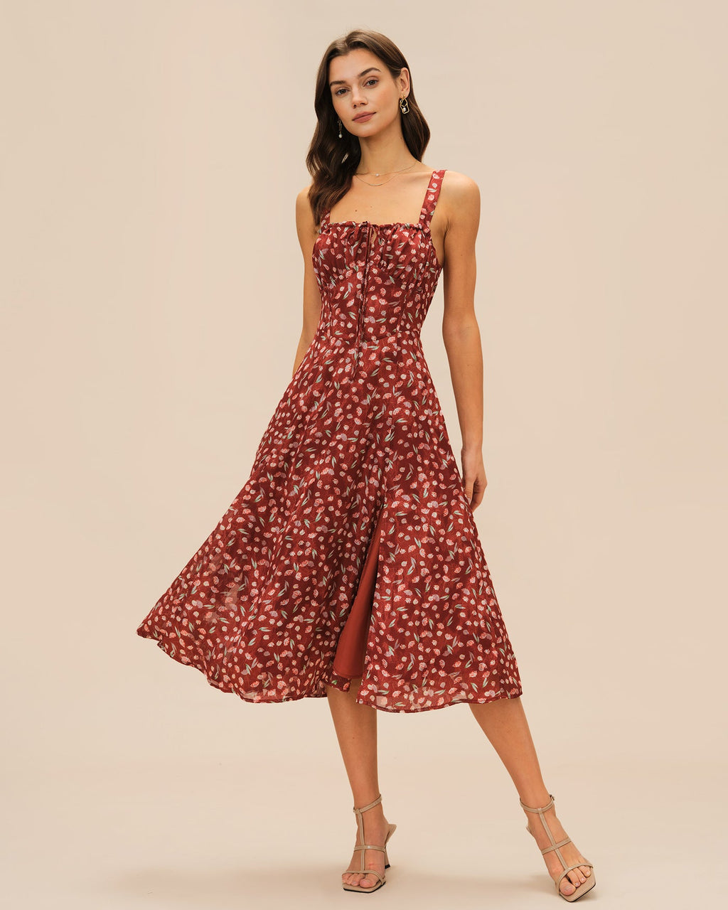 Crimson Garden Floral Slip Midi Dress
