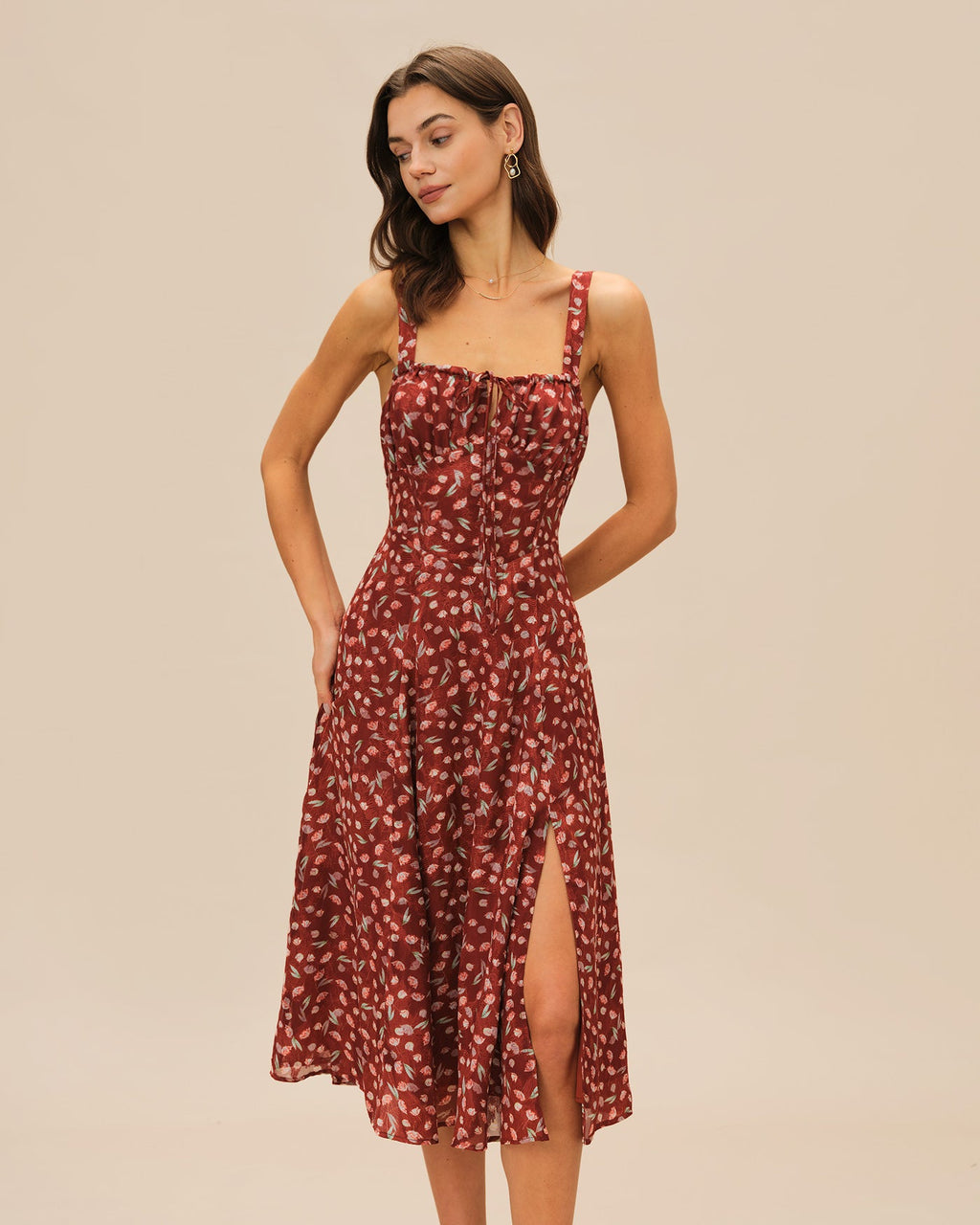 Crimson Garden Floral Slip Midi Dress