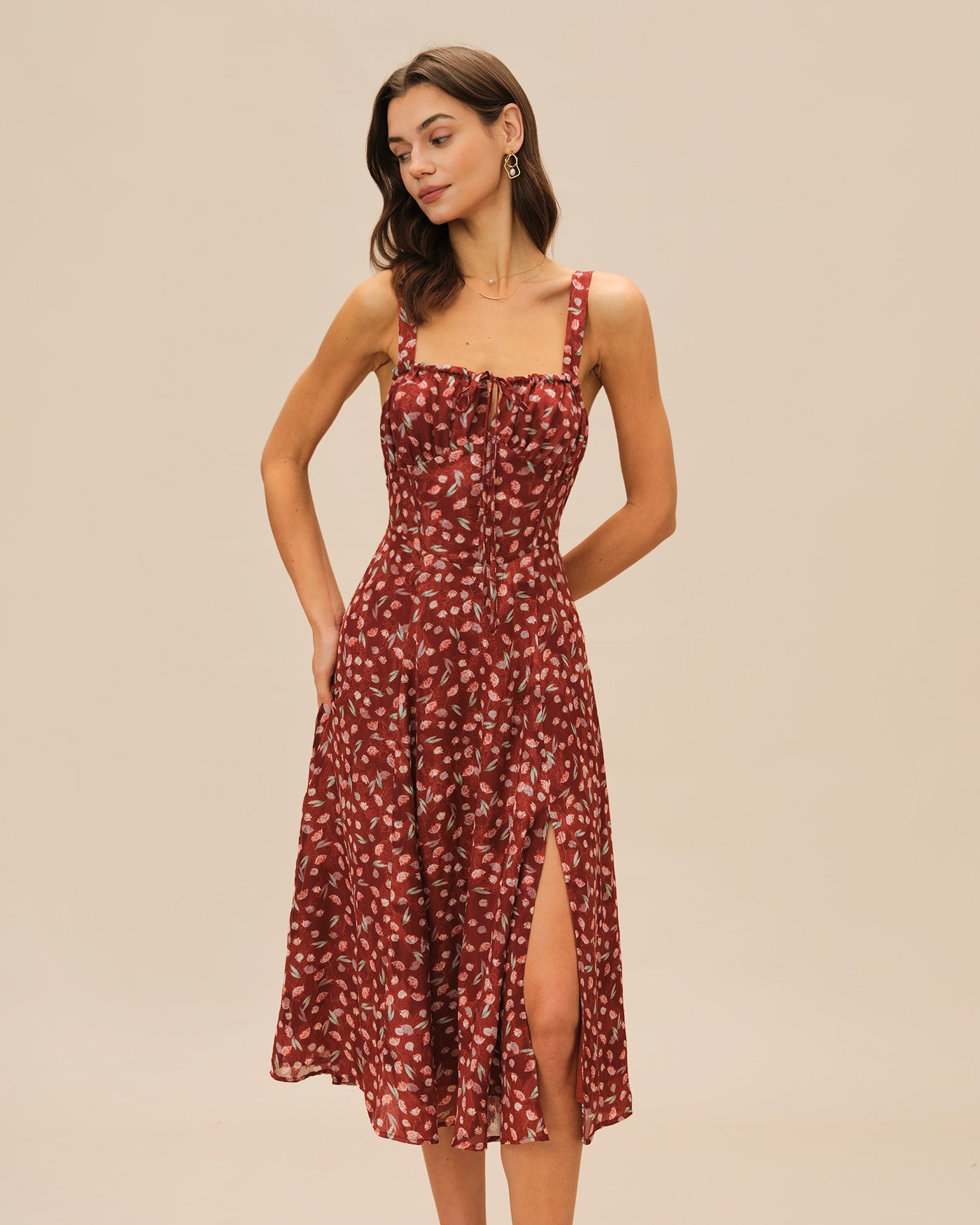 Crimson Garden Floral Slip Midi Dress