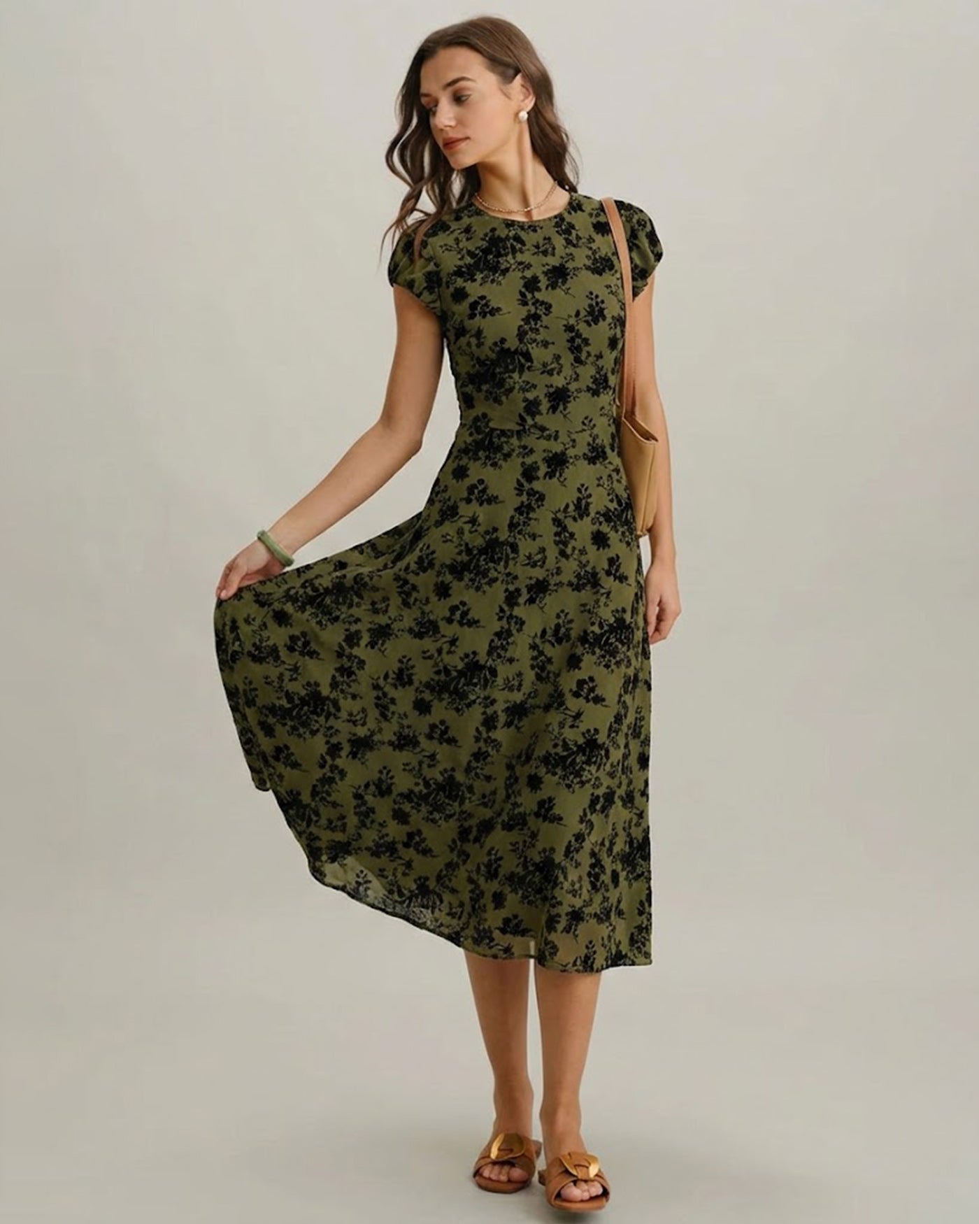 Breathable Floral Sleeve Summer Midi Dress