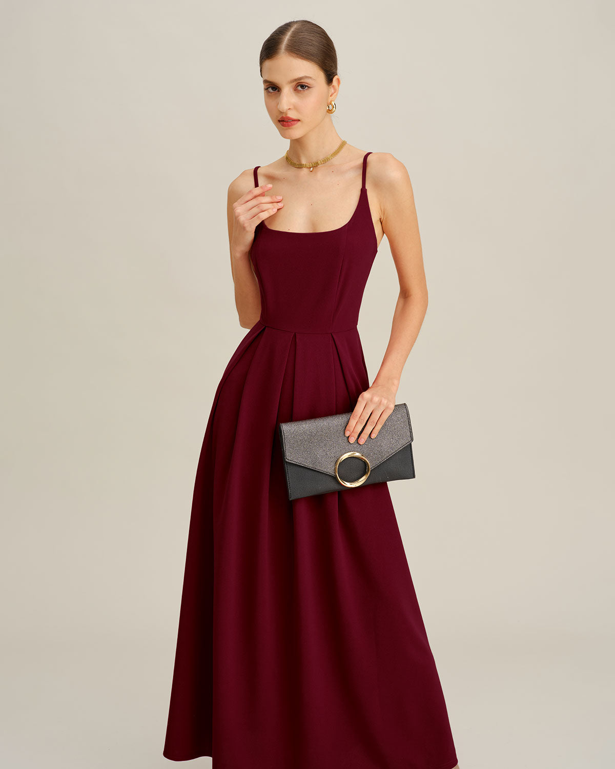 Deluxe Pleated Slip Maxi Dress In Red