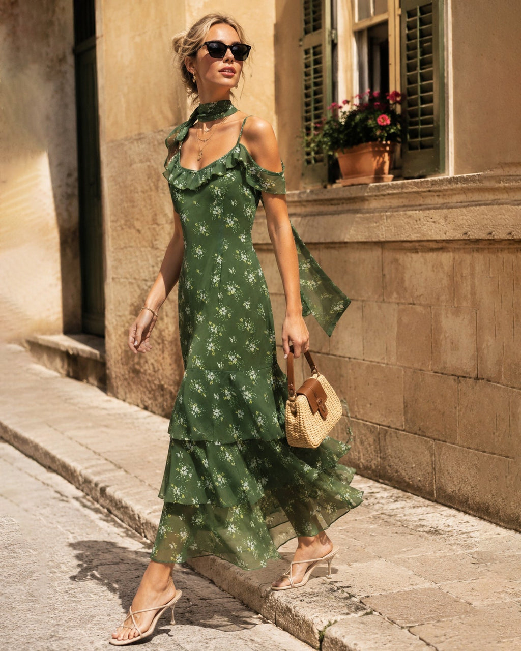 Green Ruffle Floral Summer Maxi Dress