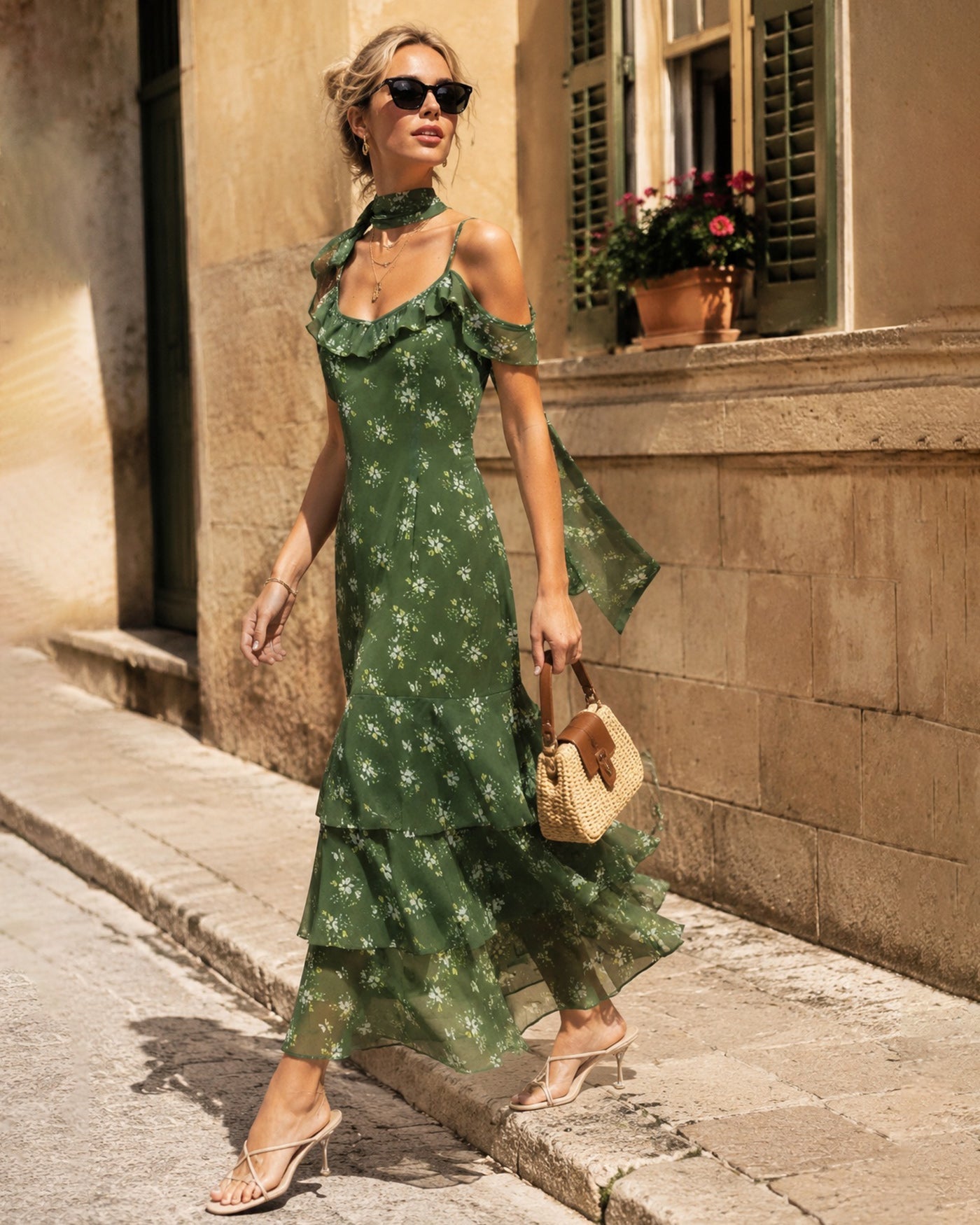 Green Ruffle Floral Summer Maxi Dress