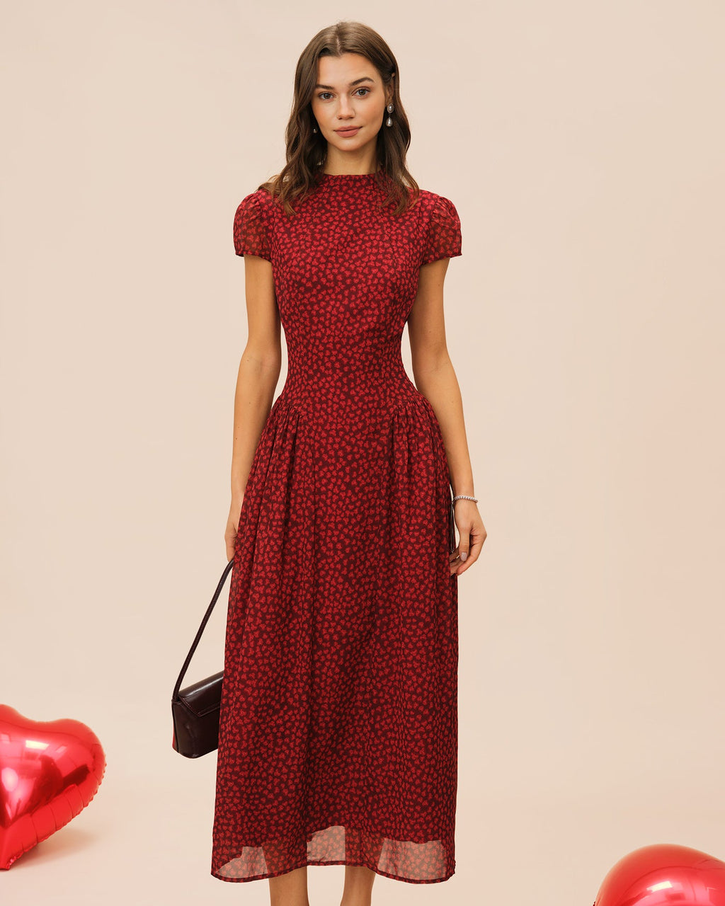 Cherry Blossom Sleeve Floral Maxi Dress In Red