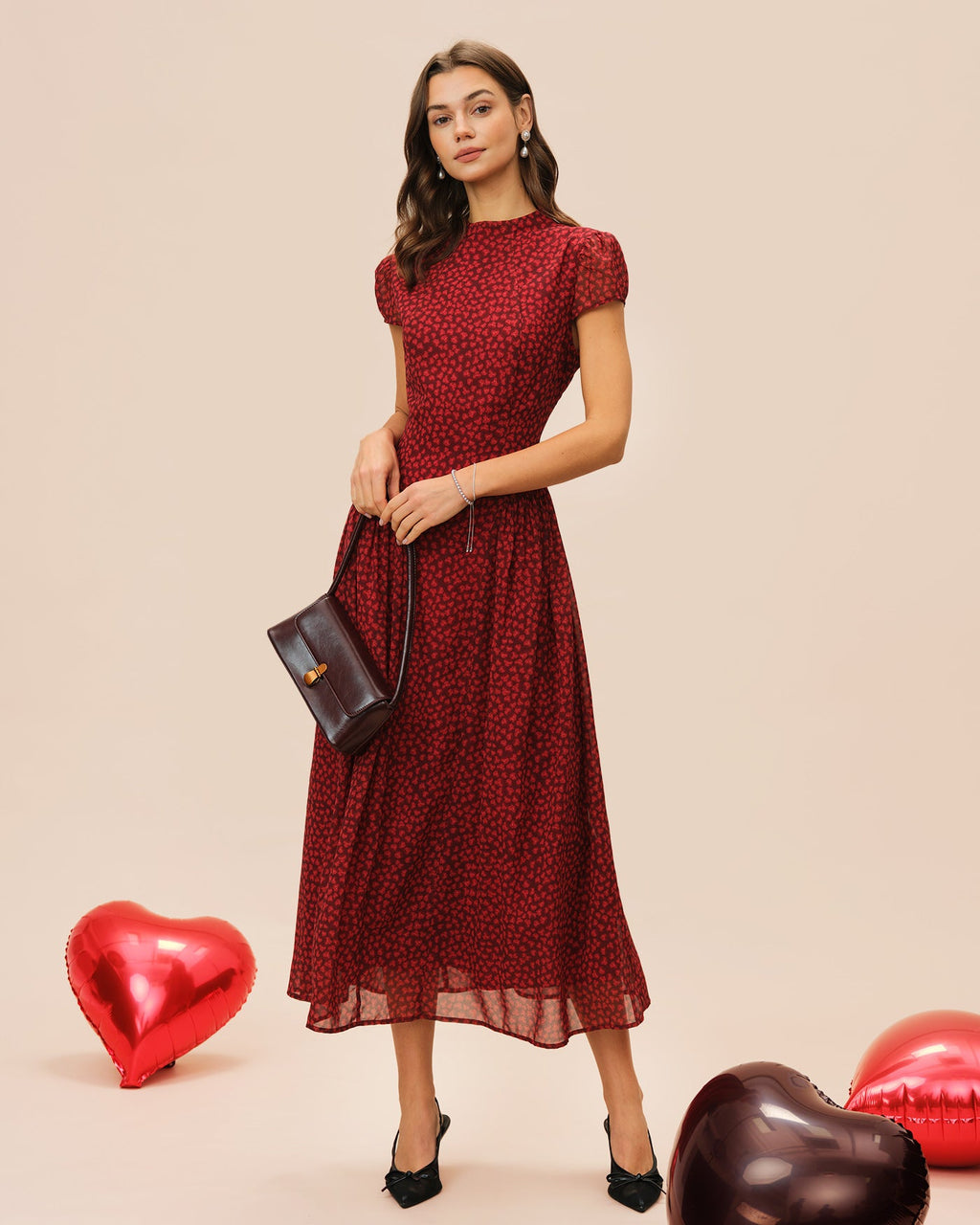 Cherry Blossom Sleeve Floral Maxi Dress In Red