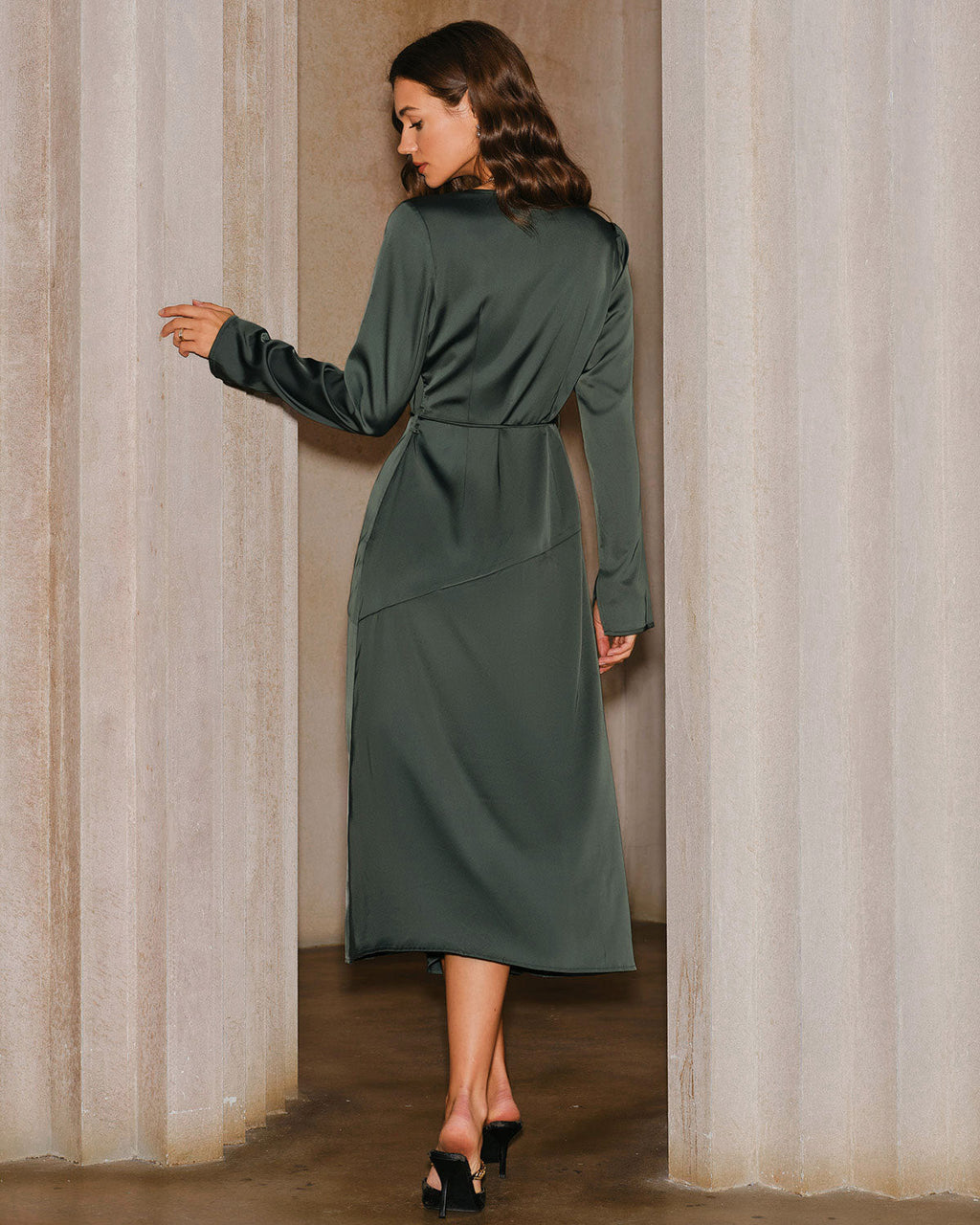 Lisa Stylish Green Satin Slit Midi Dress