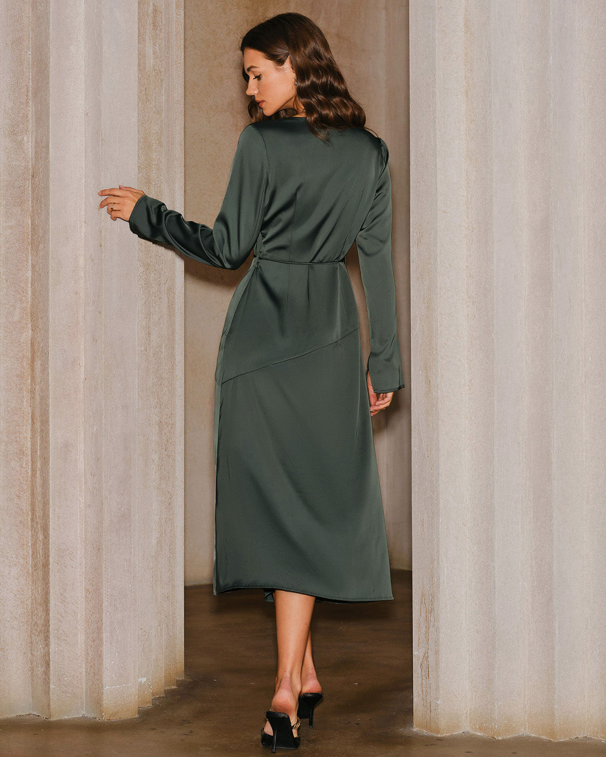Lisa Stylish Green Satin Slit Midi Dress