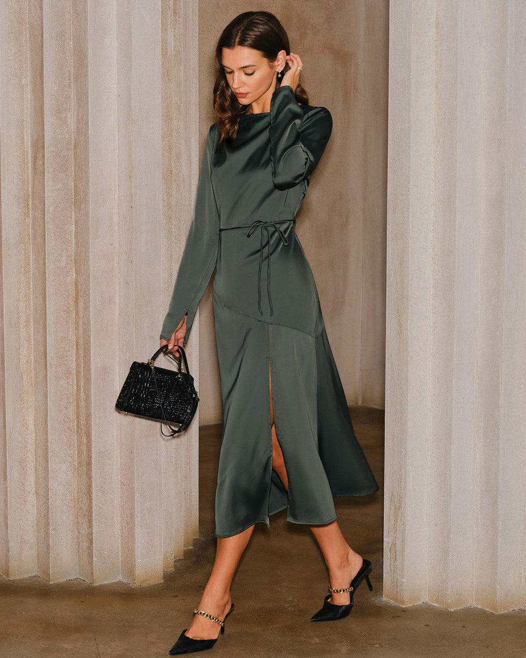 Lisa Stylish Green Satin Slit Midi Dress