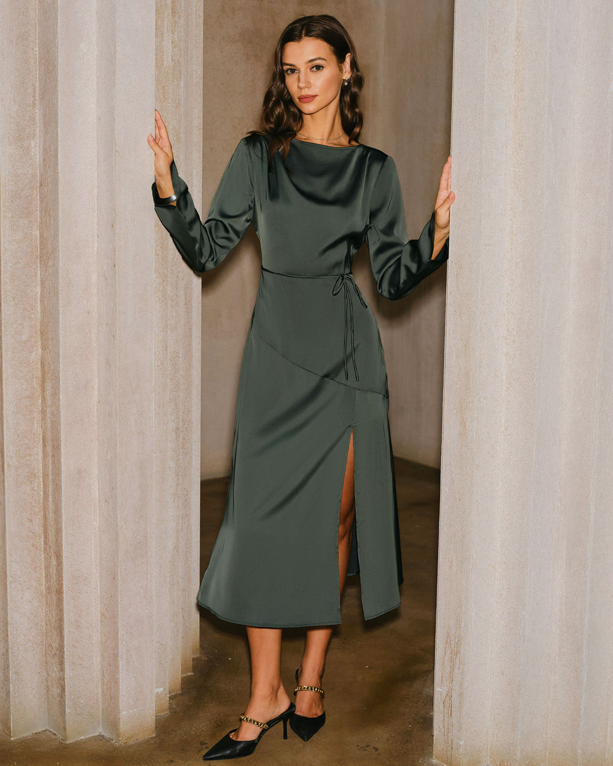 Lisa Stylish Green Satin Slit Midi Dress