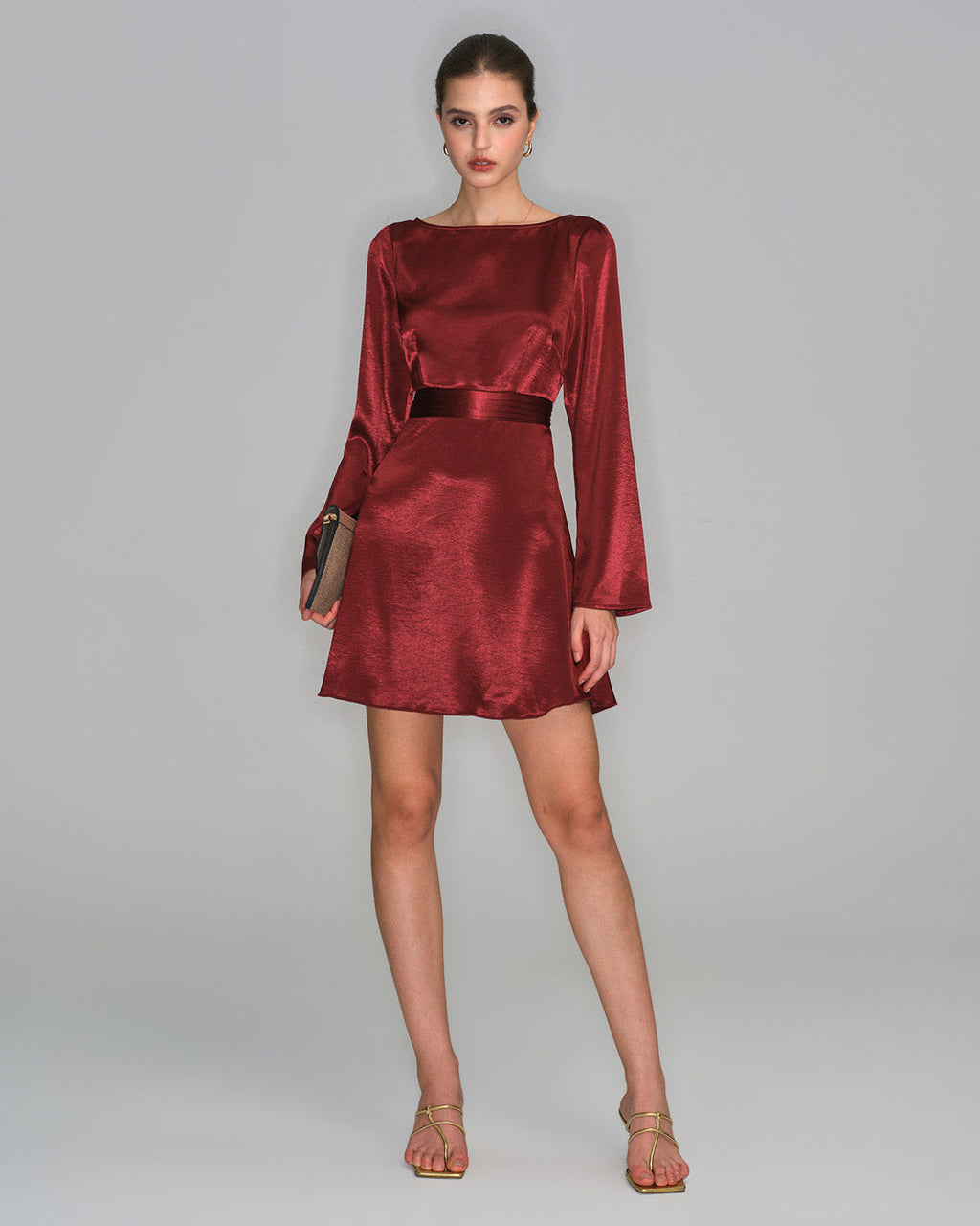 Amy Wine Red Satin Bell Sleeve Mini Dress