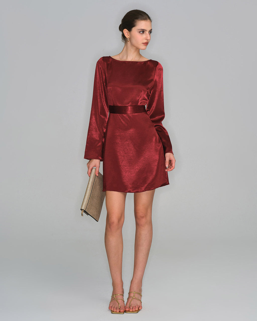 Amy Wine Red Satin Bell Sleeve Mini Dress