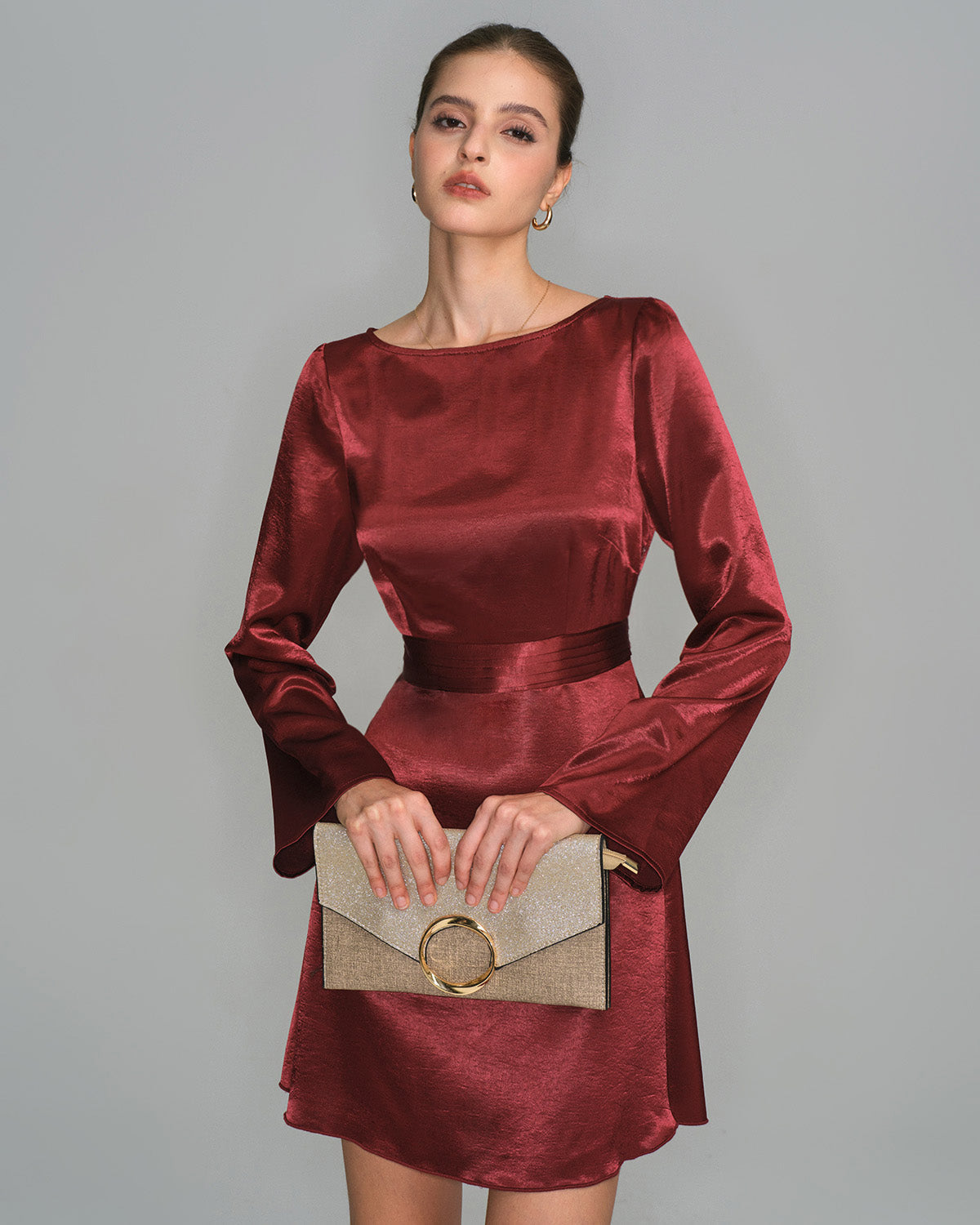 Amy Wine Red Satin Bell Sleeve Mini Dress