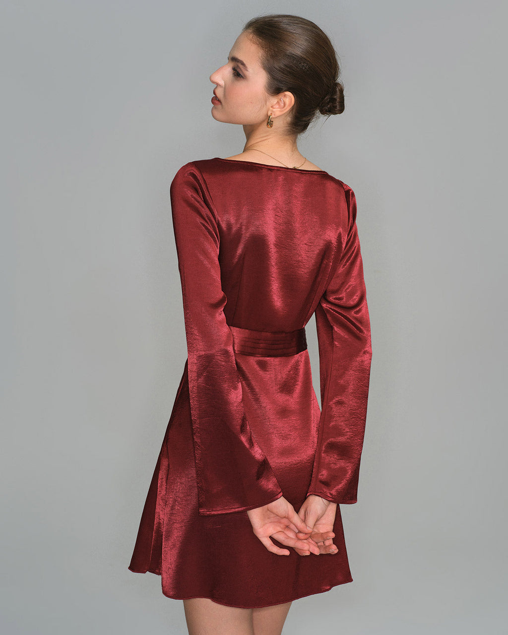Amy Wine Red Satin Bell Sleeve Mini Dress