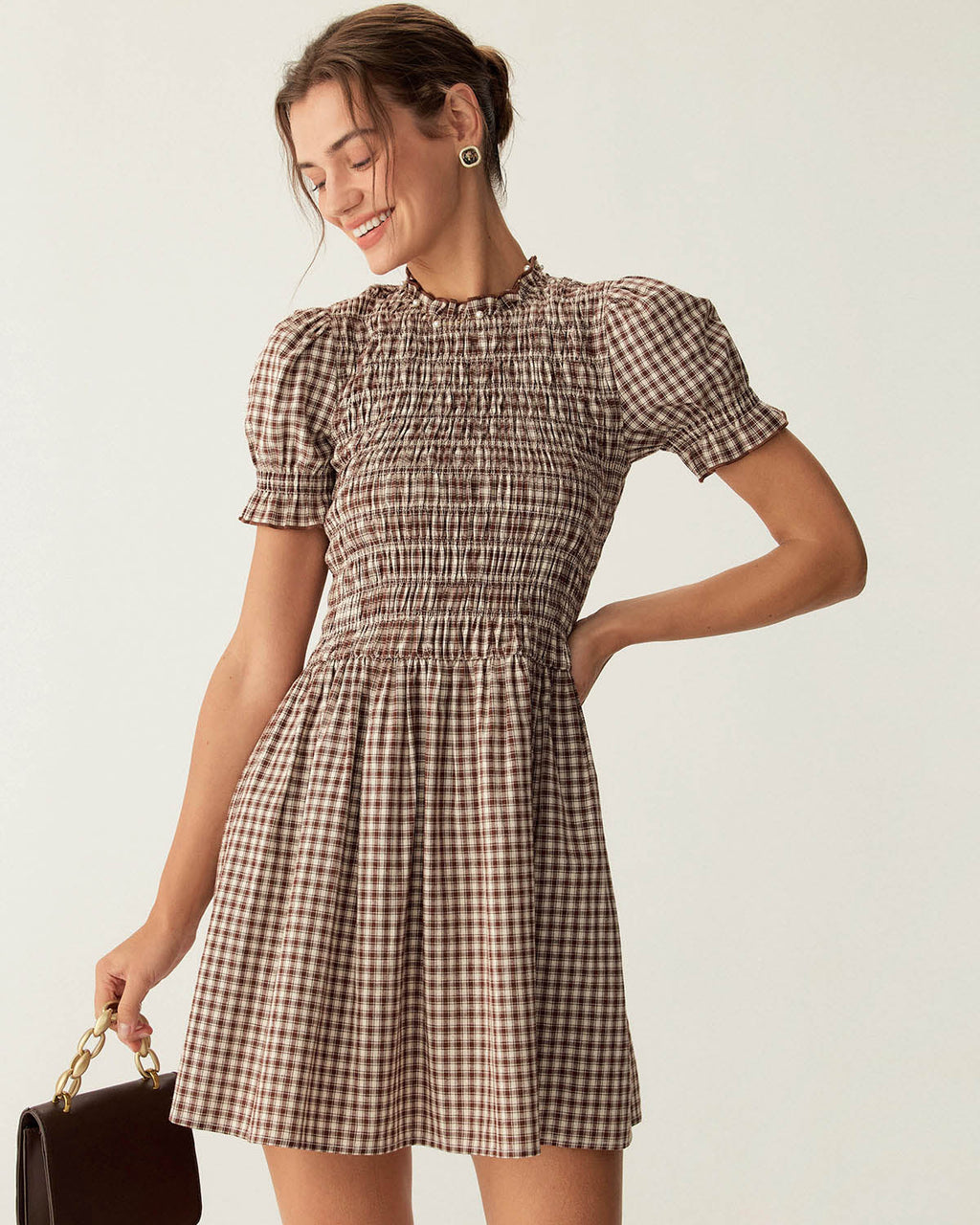 Pony Gingham Puffed Sleeve Stylish Mini Dress