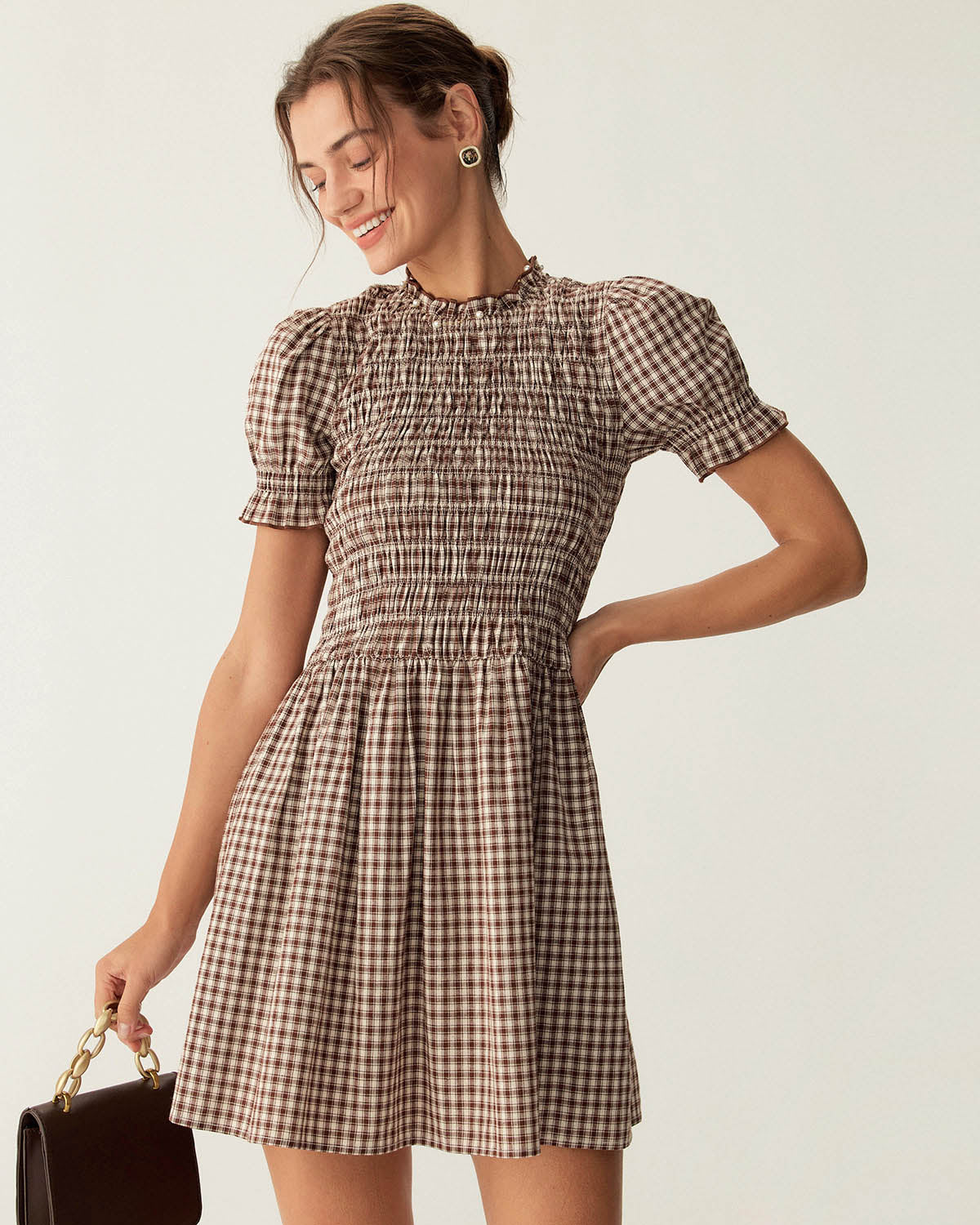 Pony Gingham Puffed Sleeve Stylish Mini Dress